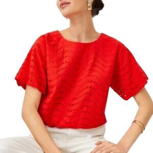 Ann Taylor Women's Poppy Red Eyelet Puff Short Sleeve Top, cotton, cinched, M